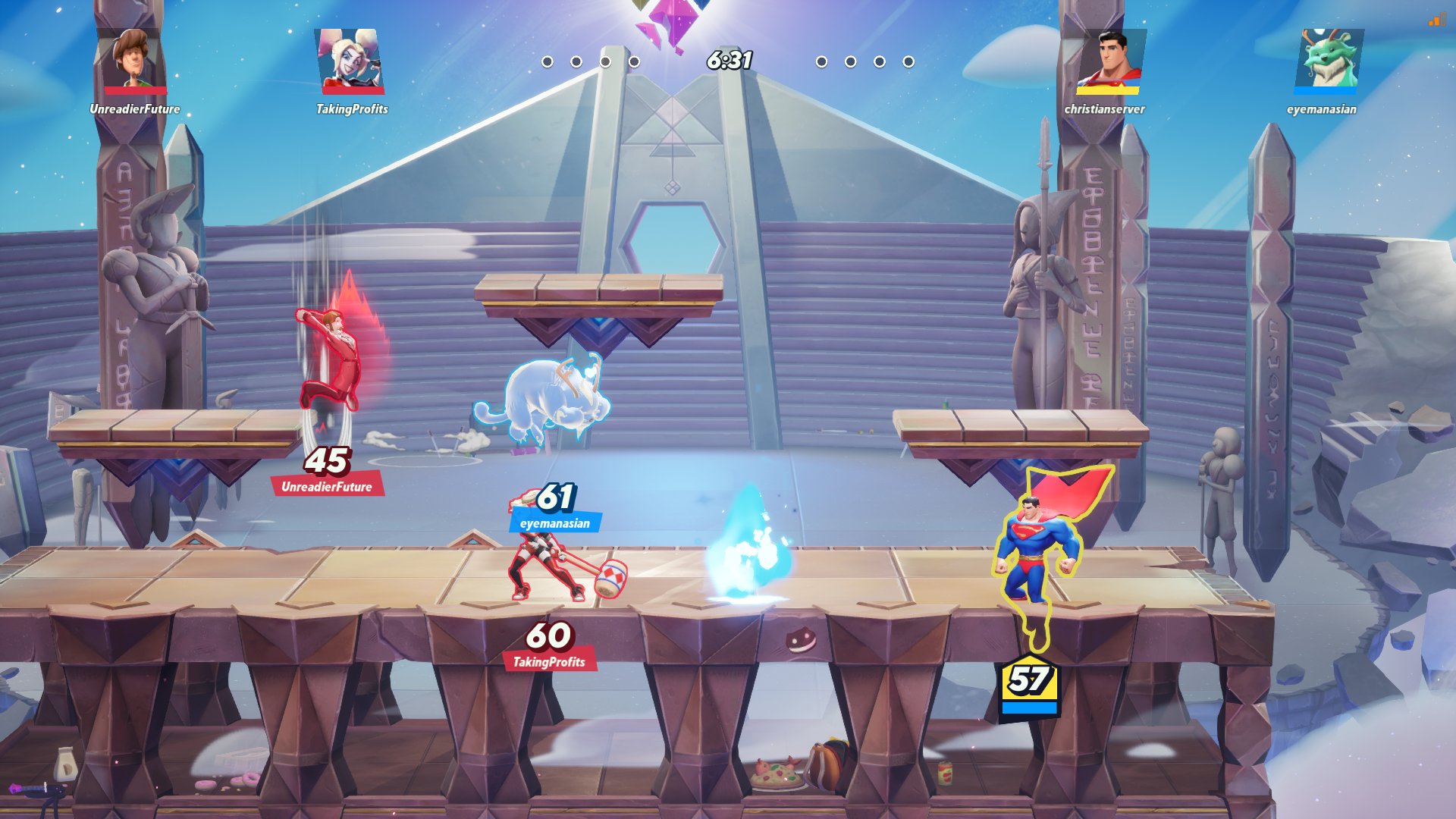 An screenshot from a MultiVersus match showing Superman stuck in the main stage