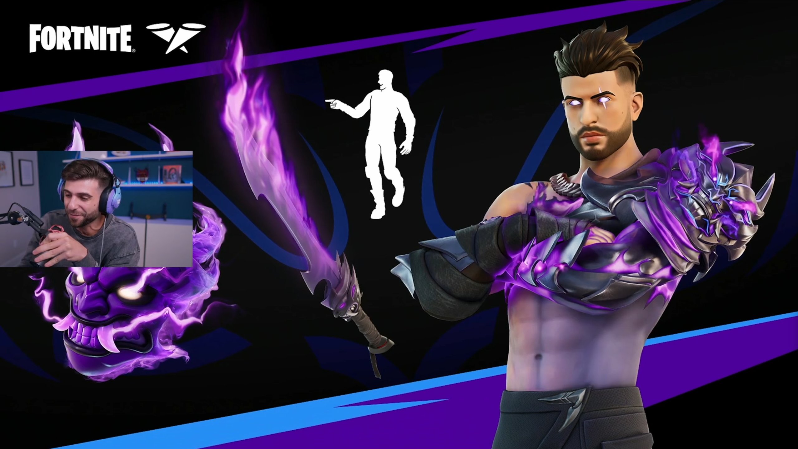 A promotional image from Fortnite showing SypherPK's skin with an oni shoulderpiece and energy flowing throughout the left arm