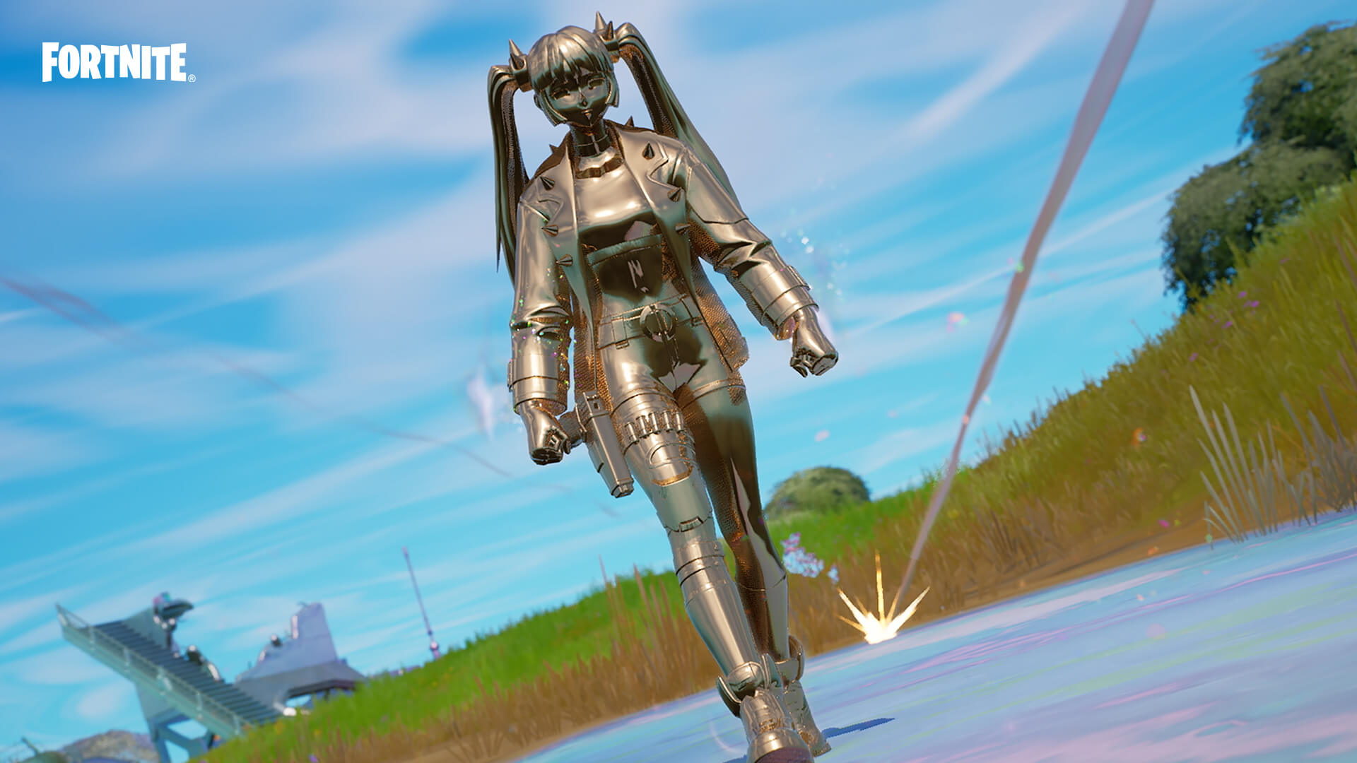 A promo image from Fortnite showing a character in chrome form, which turns the enitre skin chrome colored