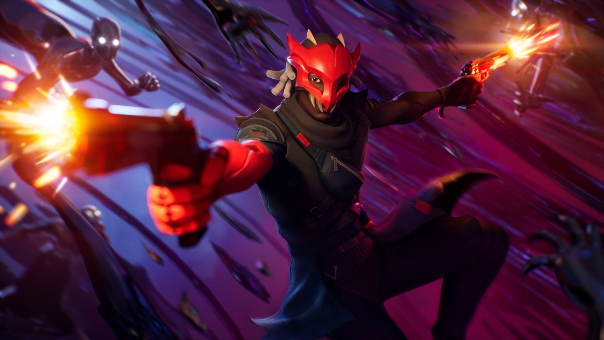 A loading screen from Fortnite showing a man in a red mask with dual pistols