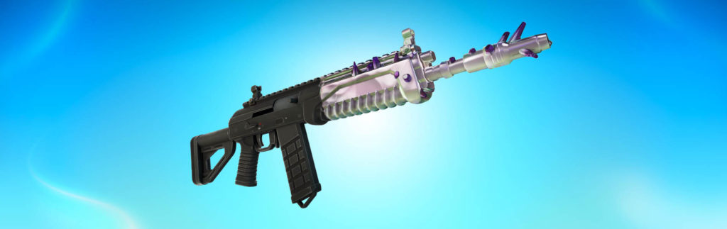 A promotional image from Fortnite showing a Burst Rifle with the front half being made out of Chrome