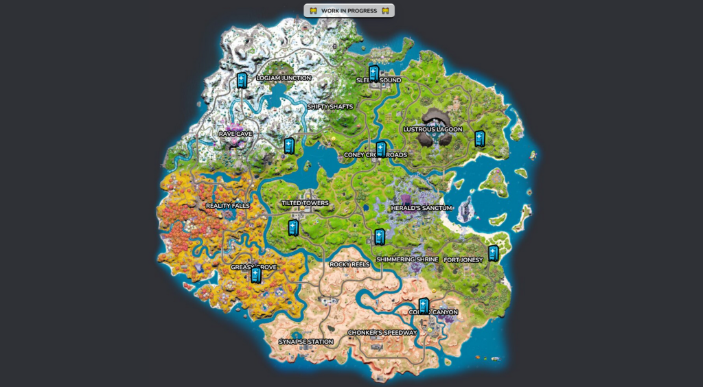 A screengrab of Fortnite's map showing icons at all the Mending Machine locations