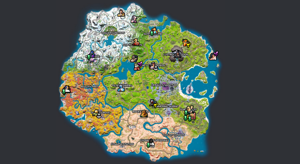 A screengrab of the map from Fortnite.gg showing different NPC locations on the map
