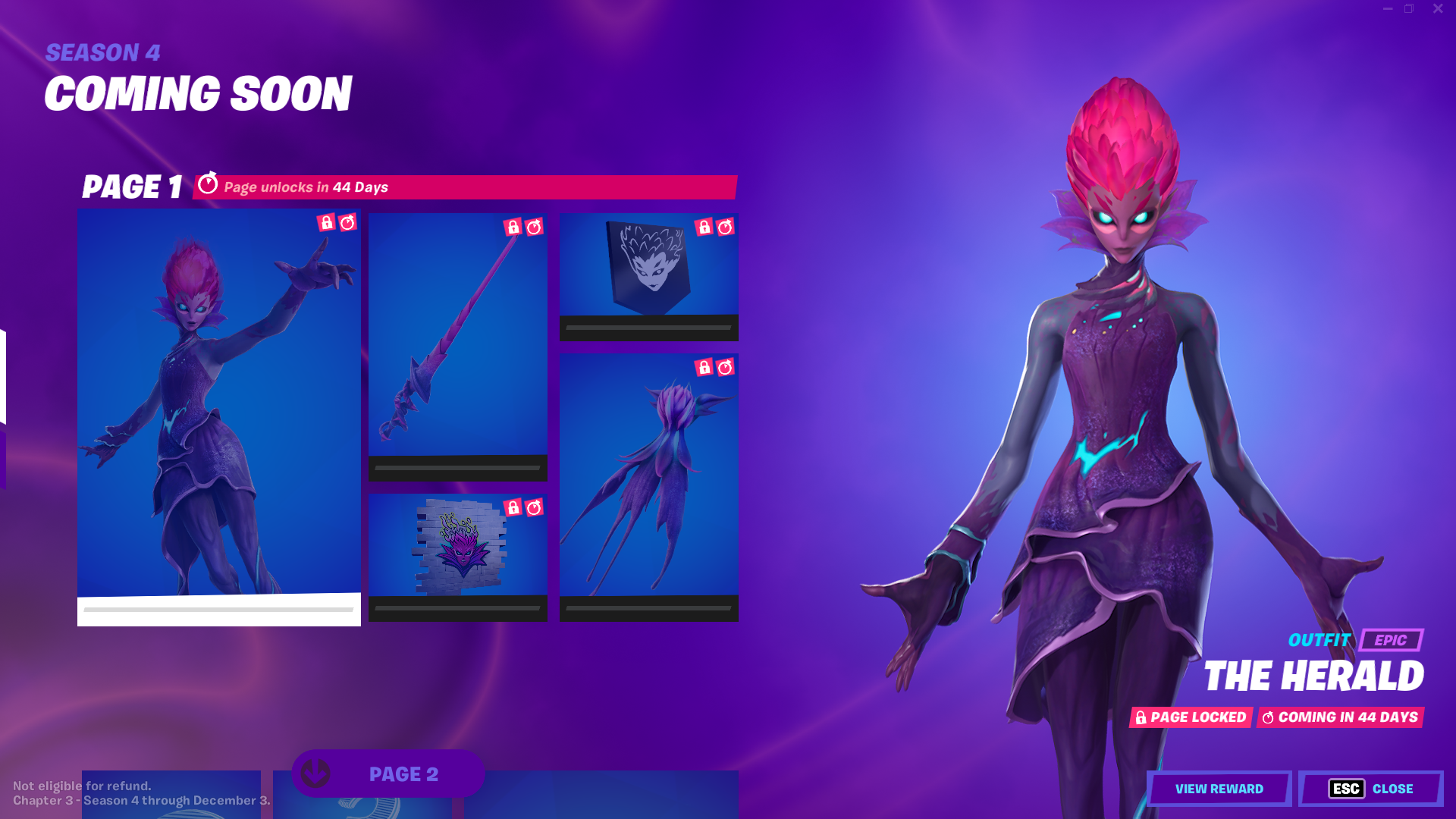 A screengrab from Fortnite showing The Herald's locked cosmetic set