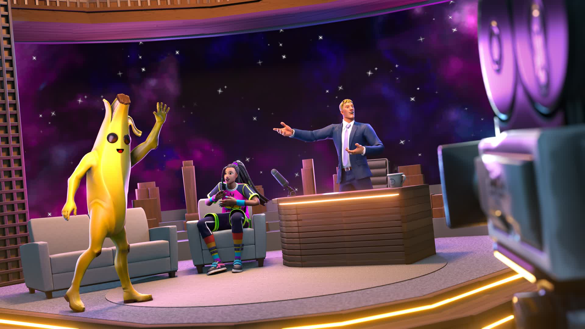 An image from Fortnite Creative showing Jonesy hosting the Tonight Show with Peely as a guest