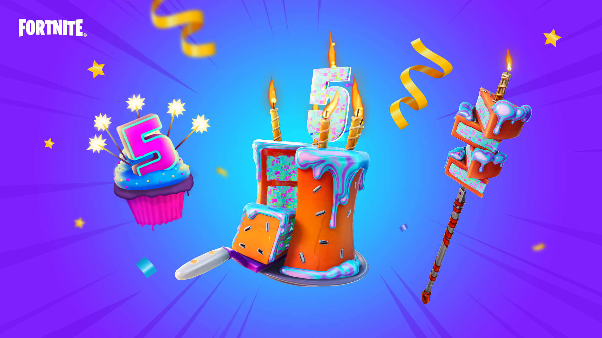 A promotional image from Fortnite showing different birthday cosmetics like a cake pickaxe and back bling