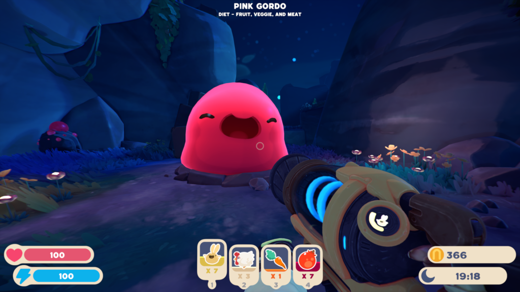 A screengrab from Slime Rancher 2 showing a giant pink Slime called Pink Gordo