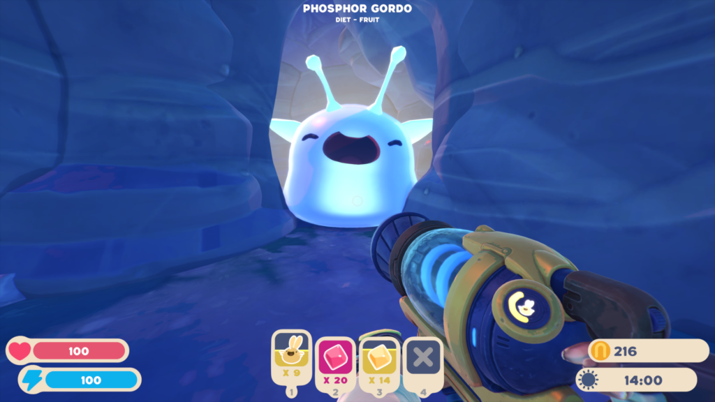 A screengrab from Slime Rancher showing a giant blue slime with too antennas and wings