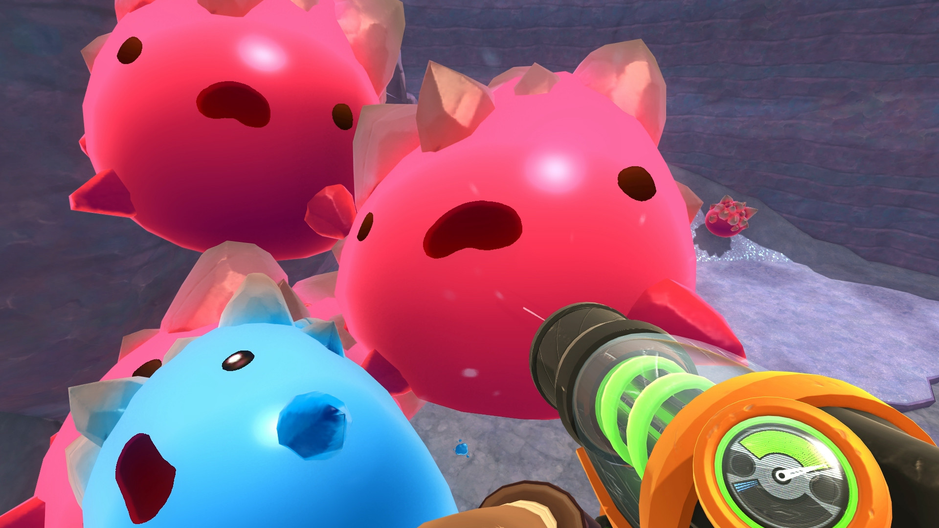 A screengrab from Slime Rancher 2 showing the player sucking in giant slimes