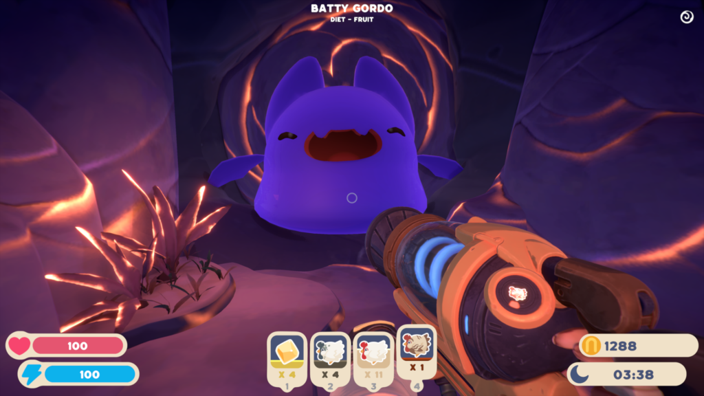 A screengrab from Slime Rancher 2 showing a large Purple Slime with bat wings and ears.