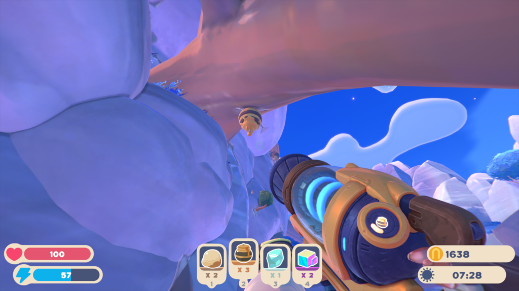 A screengrab from Slime Rancher 2 showing a black and yellow be hive