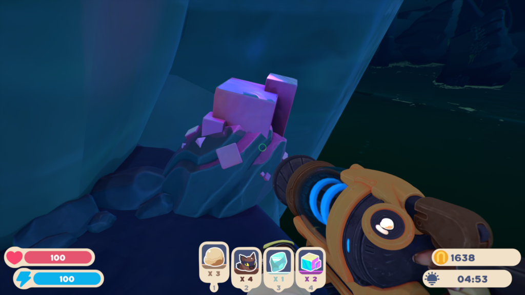 A screengrab from Slime Rancher 2 showing a shiny purple cube ore in the ground