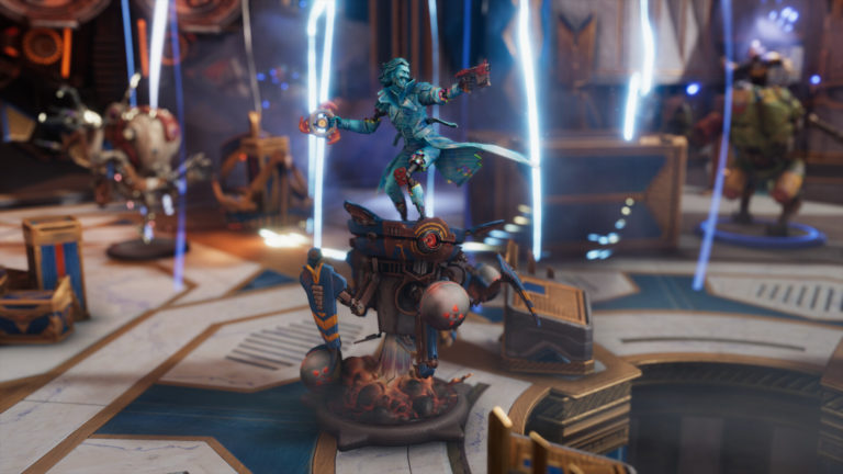 A screenshot from Moonbreaker showing a figurine with a man with medium length hair pointing a gun from a robot's back