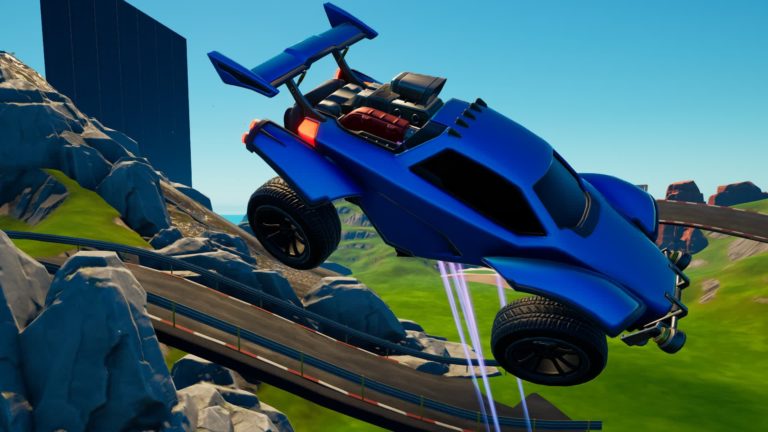 An image of the Fortnite Open World Rocket League Race Map showing the Octane jumping high