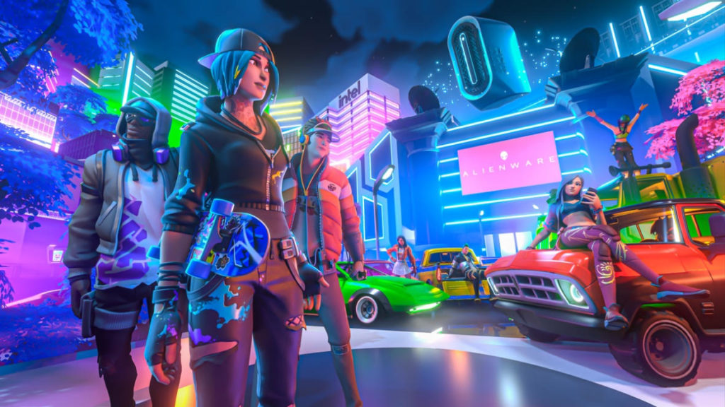 Ein Werbebild Für Alienwares Defy City In Fortnite, Das Zwei Charaktere In Urbanen Outfits Mit Einer Neonstadt Dahinter Zeigt