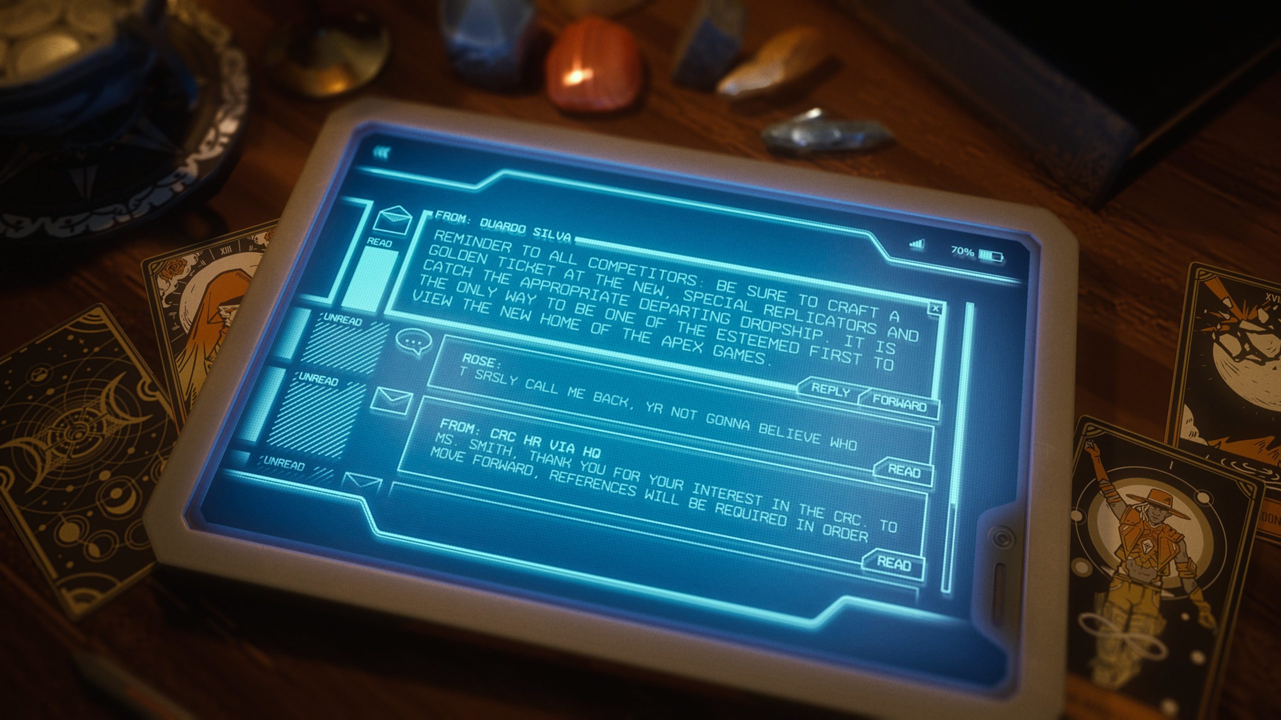 A tablet with several messages.