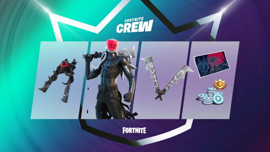 Ein Werbebild Von Fortnite, Das Die Gegenstände Des November-Crew-Pakets Zeigt, Darunter Unter Anderem Den Inkquisitor-Skin Und Zwei Sägeähnliche Schwerter