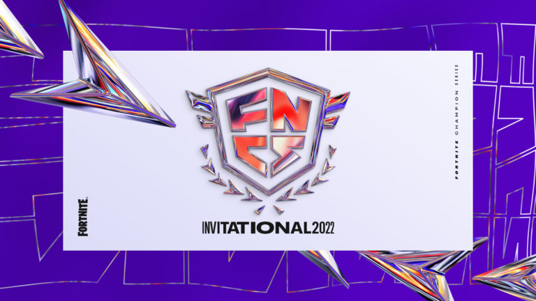 A chrome FNCS logo on a white banner on a purple background