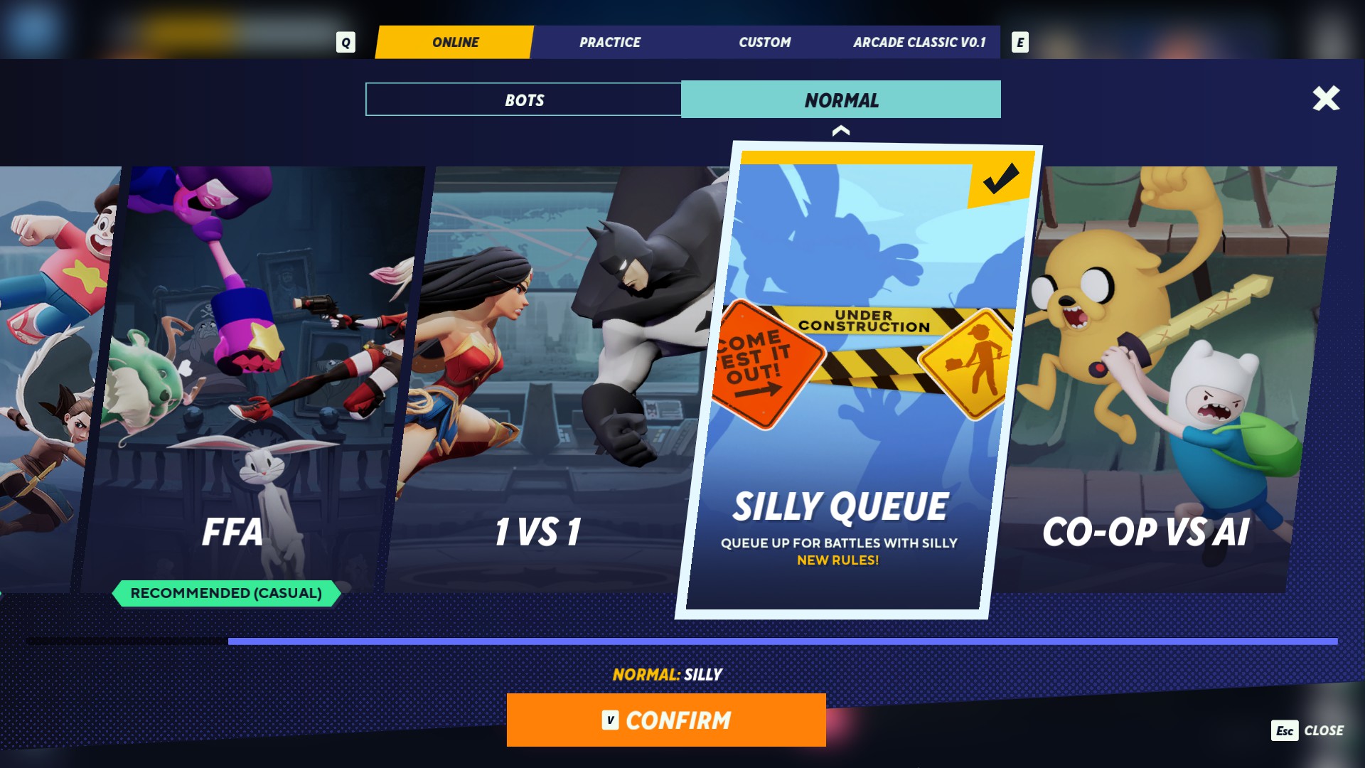 A screengrab of the menu selection screen inside MultiVersus with Silly Queue selected
