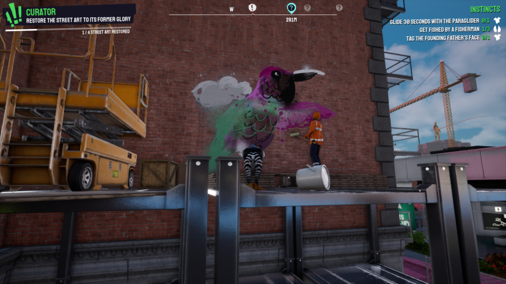 A screengrab from Goat Simulator 3 showing an unfinished graffiti art of a bird