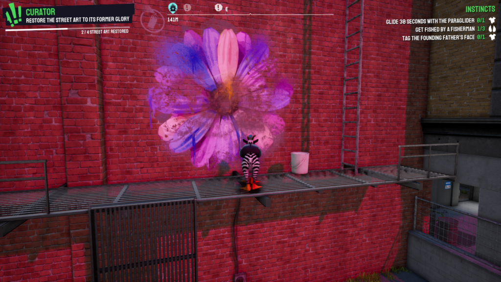A screengrab from Goat Simulator 3 showing an unfinished graffiti flower image