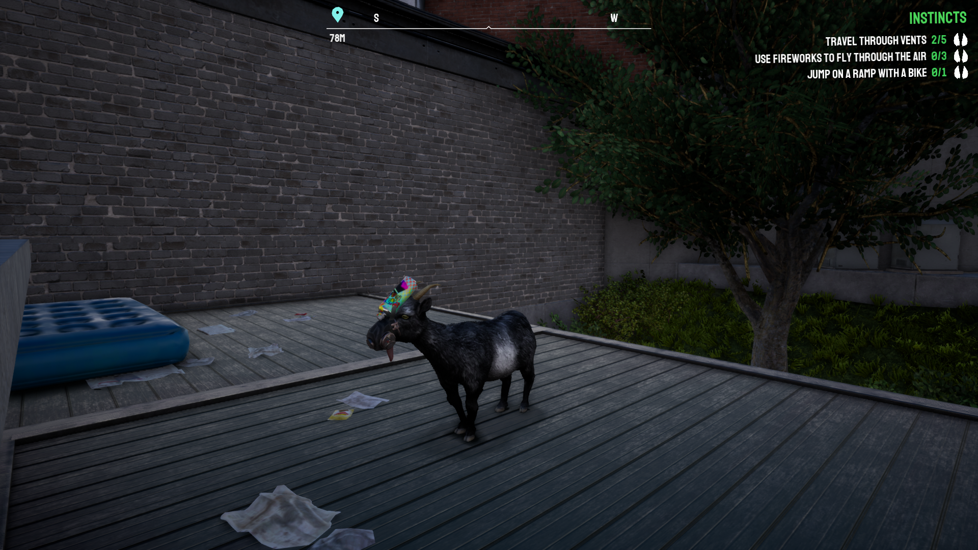 A screengrab from Goat Simulator 3 showing the goat with a spray paint can attached to its face