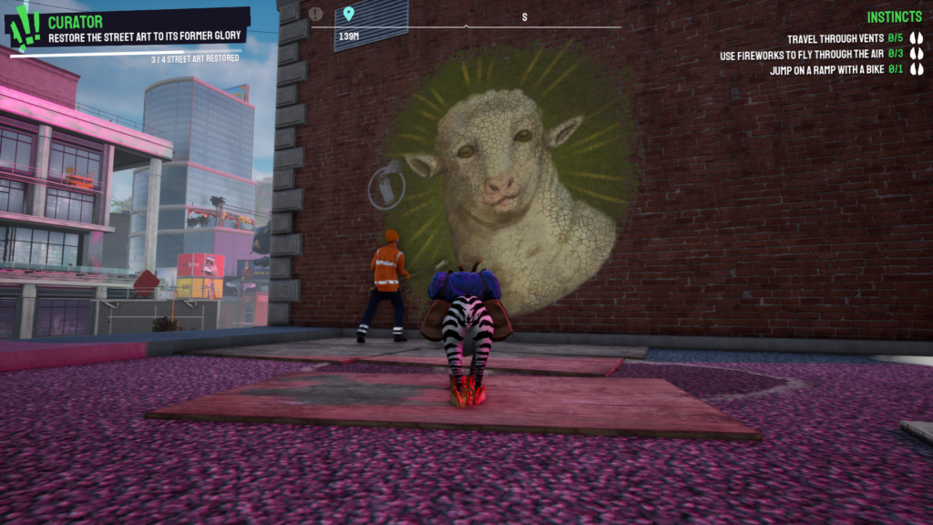 A screengrab from Goat Simulator 3 showing unfinished graffiti of a lamb