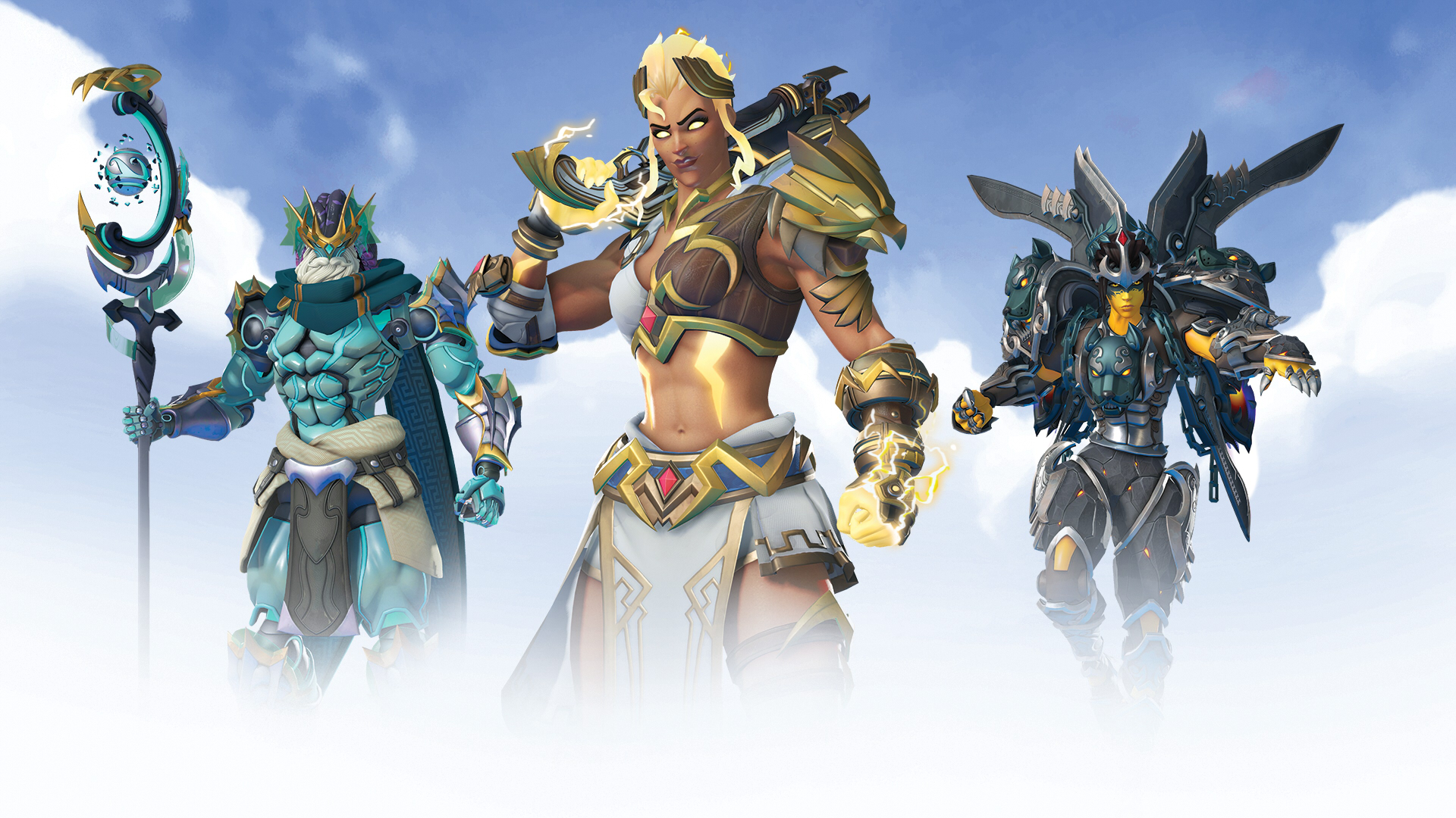 A selection of mythical Overwatch 2 skins.